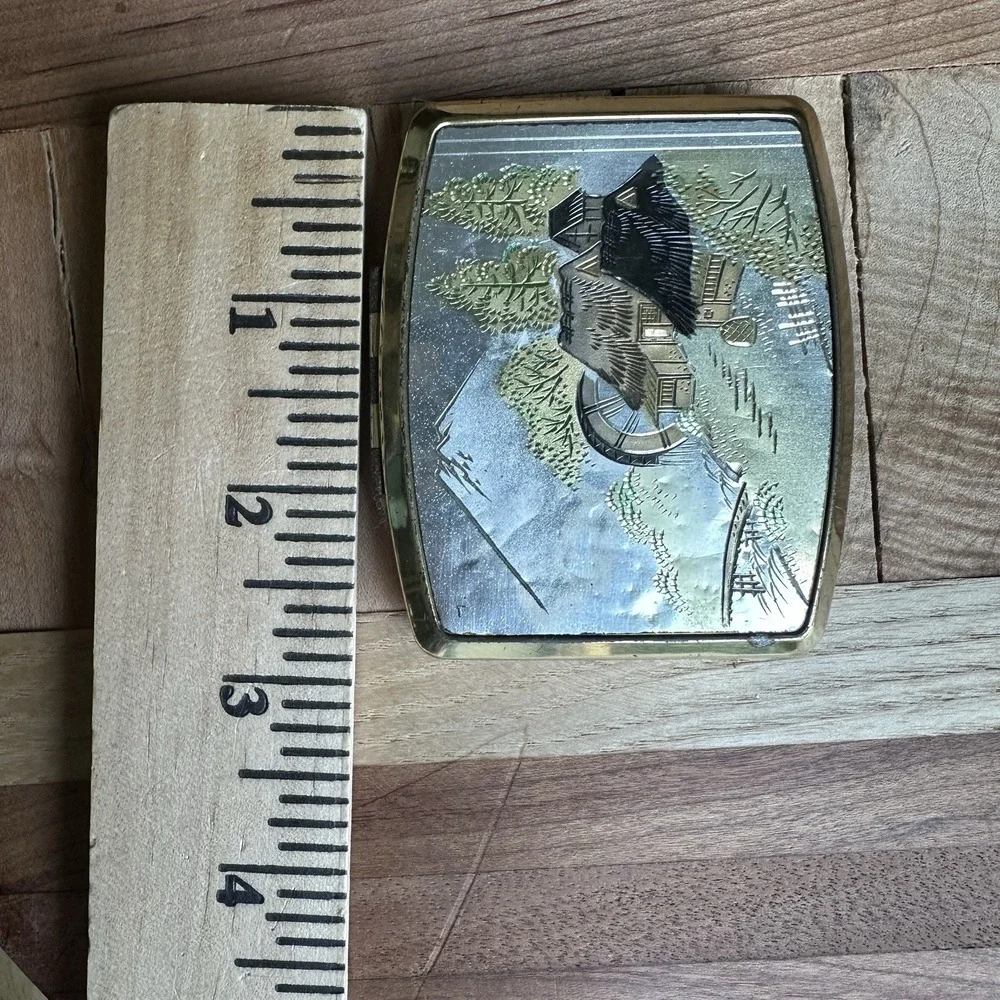 VTG Japanese Damascene Compact Case 2.75 Inch Mirror Temple Mount Fuji Guilloche